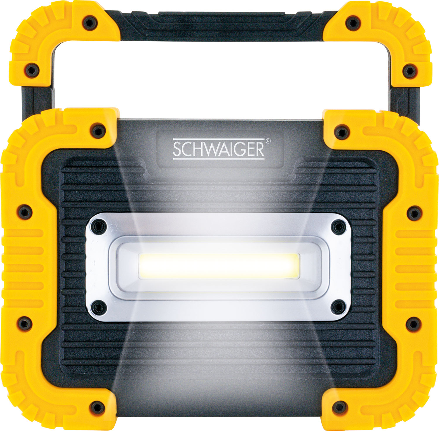 Gelb-schwarze Arbeitsleuchte mit Griff und hellem LED-Zentrum, weißer Hintergrund.