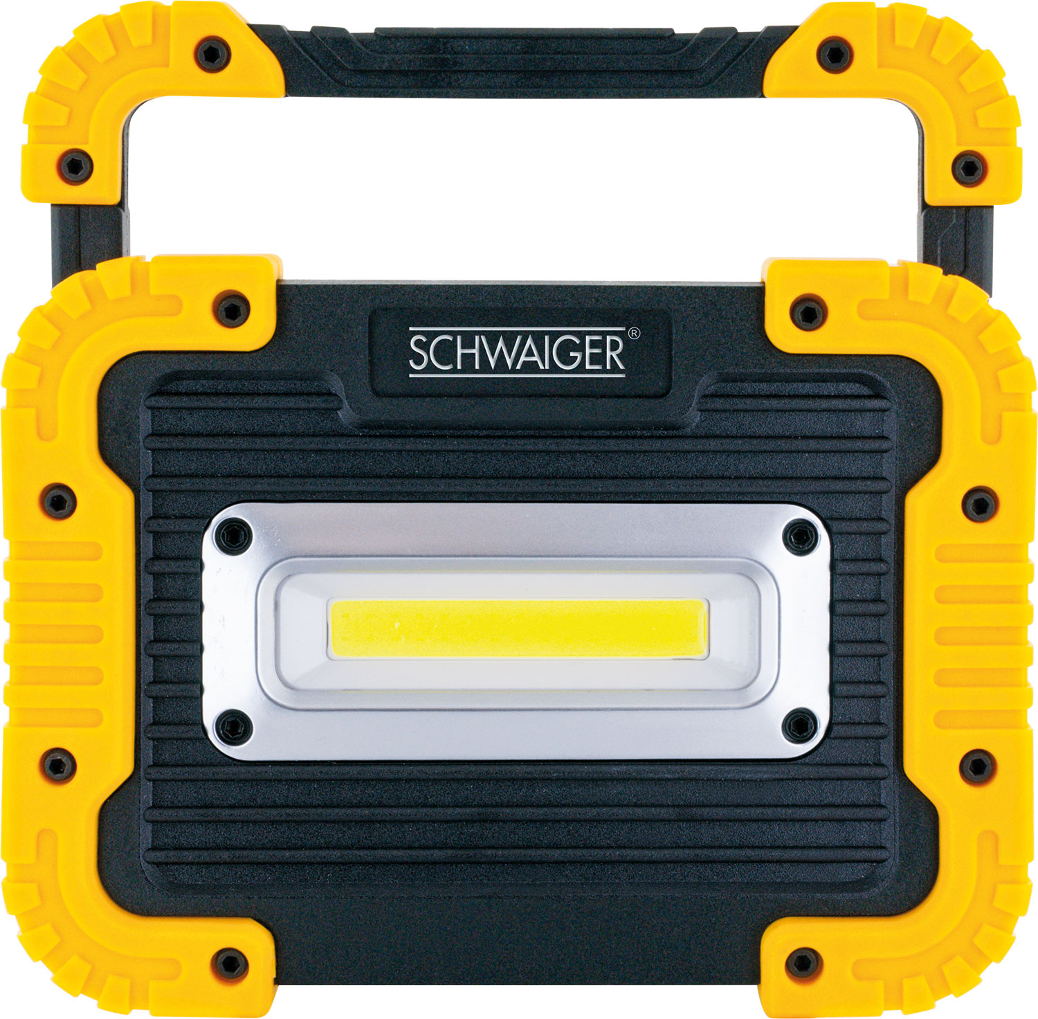 Schwarz-gelbe Arbeitsleuchte. Mit Griff und COB-LED-Licht. Weißer Hintergrund.