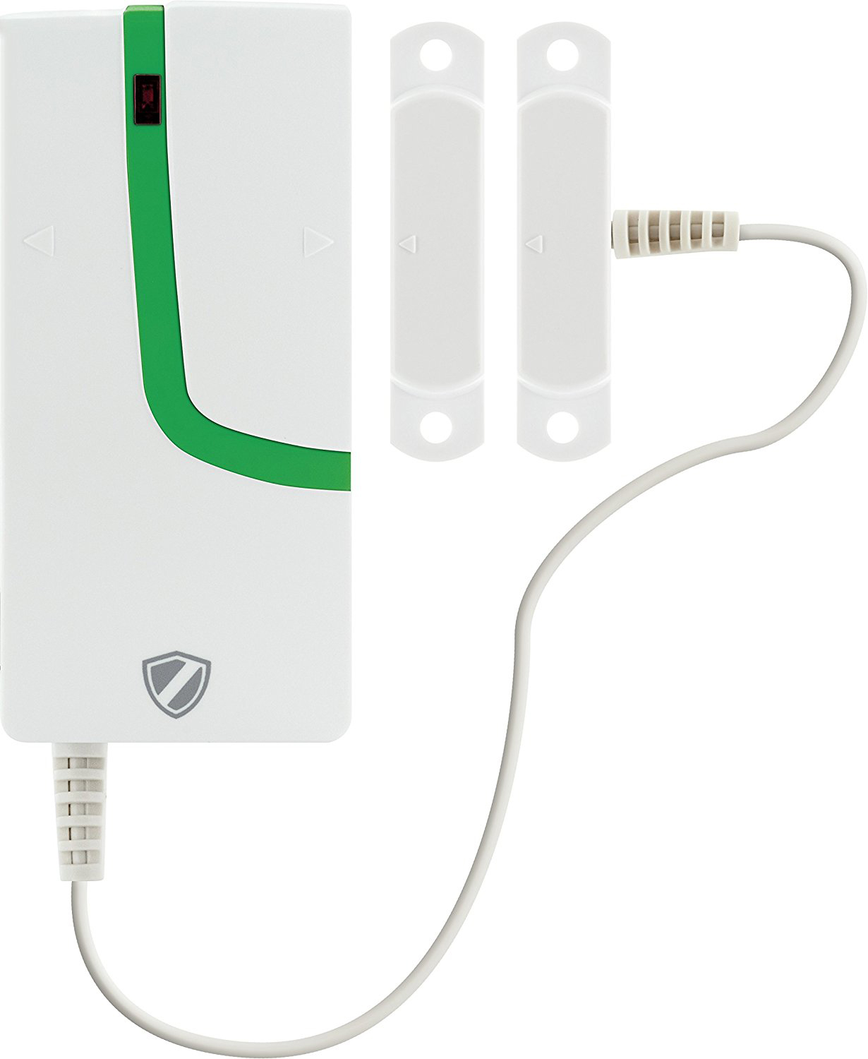 Ein weißes Sicherheitsgerät mit grünem Streifen und zwei passenden weißen Sensoren, die durch ein weißes Kabel verbunden sind.