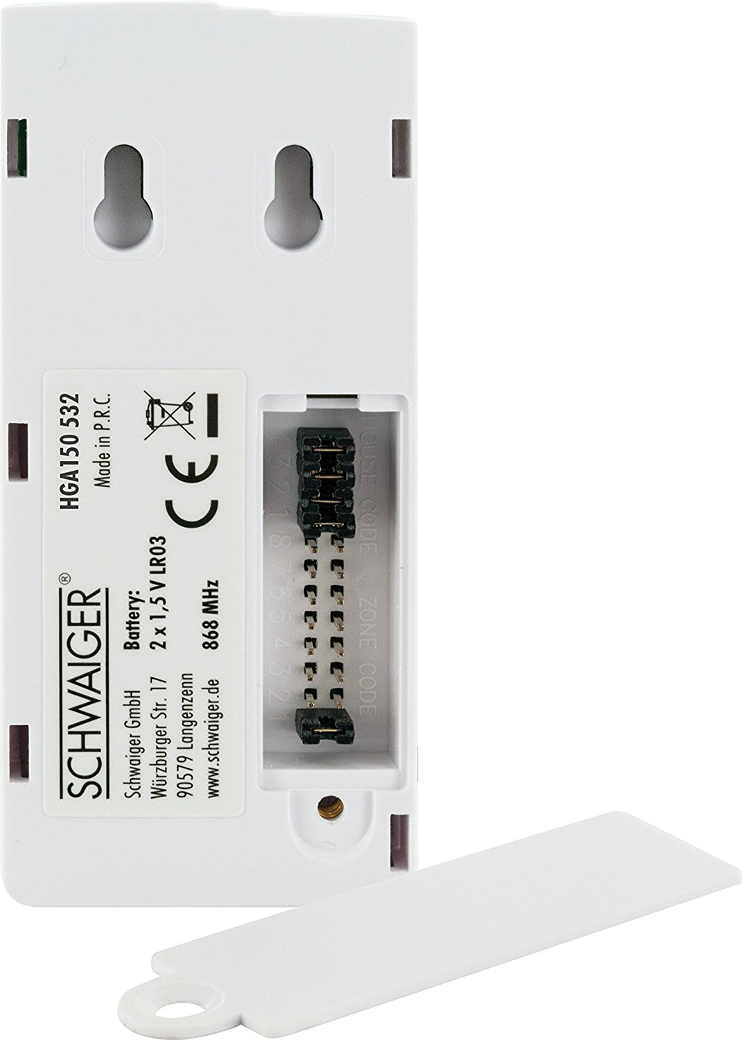 Weißes Gerät mit sichtbarem Batteriefach, Textdetails und Schraubenlöchern.