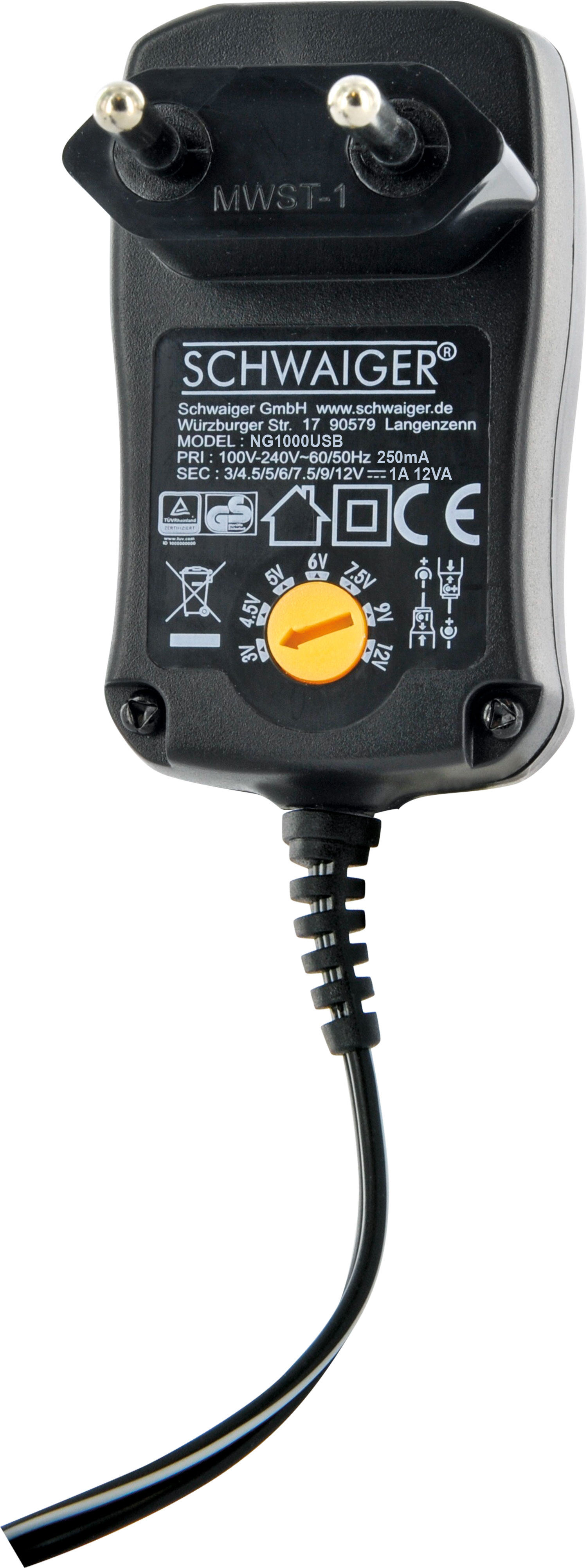 Schwarzes Netzteil mit Eurostecker. Es hat ein gelbes Rad und Details auf der Oberfläche.