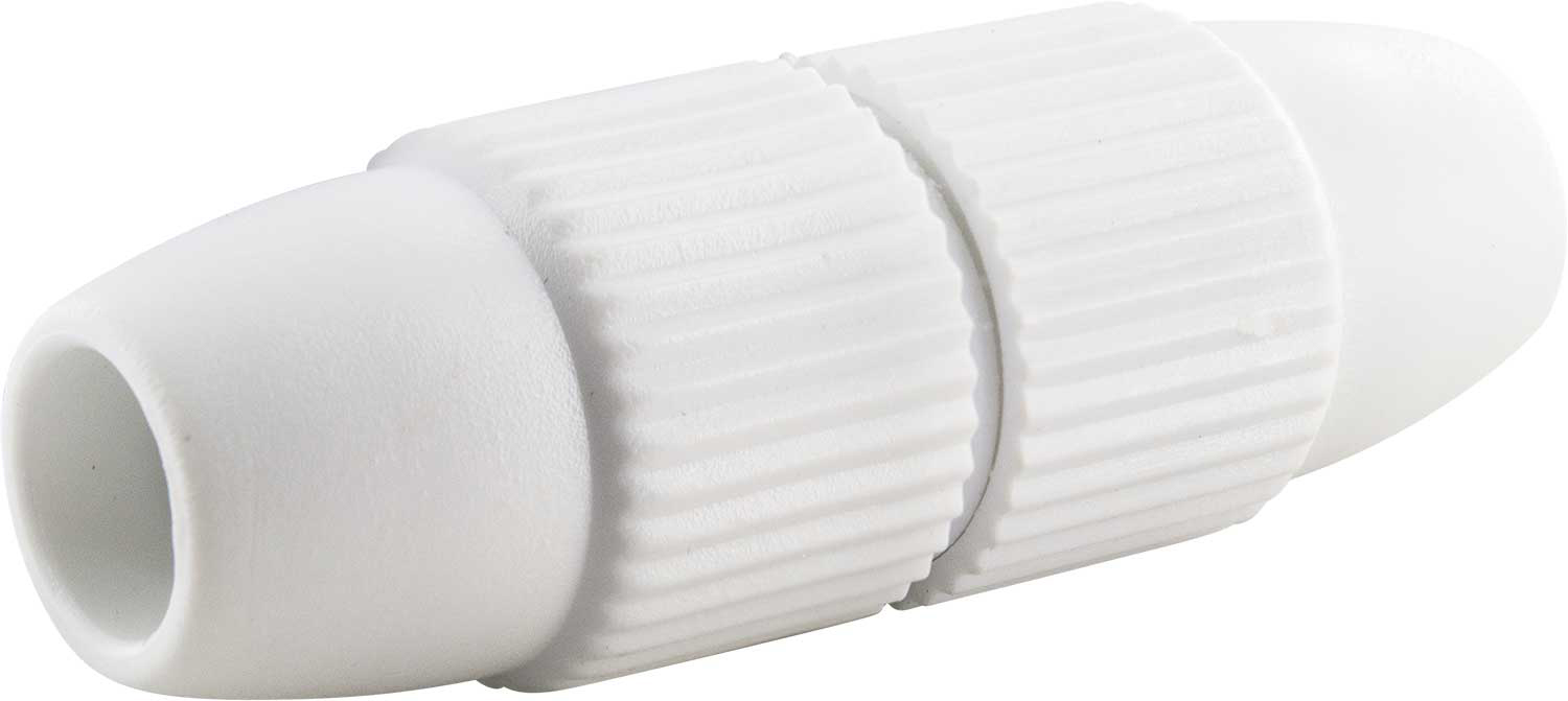 Weißer Koaxialkabelstecker mit zylindrischer Form, vor weißem Hintergrund.