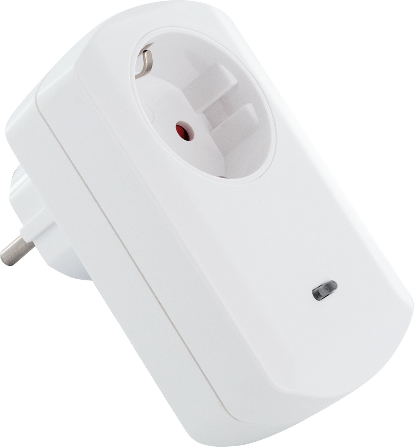 Weißer Smart Plug mit rotem Licht auf weißem Hintergrund.