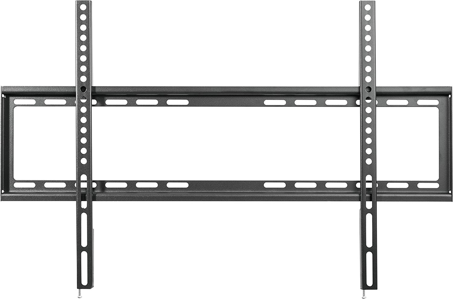Schwarze TV-Wandhalterung aus Metall mit vertikalen und horizontalen Stützen. Befestigungslöcher sind sichtbar. Weißer Hintergrund.