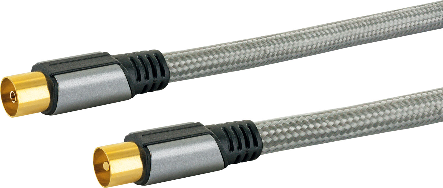 Zwei graue Koaxialkabel mit goldfarbenen Steckern. Kabel haben eine gewebte Textur.