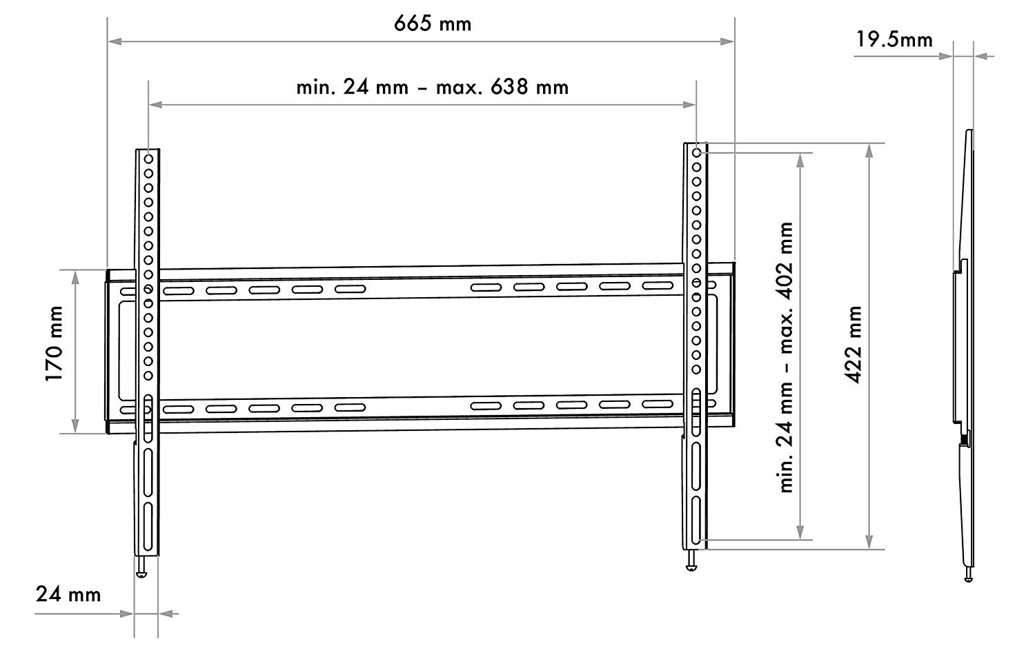 Diagramm einer TV-Wandhalterung mit Abmessungen.