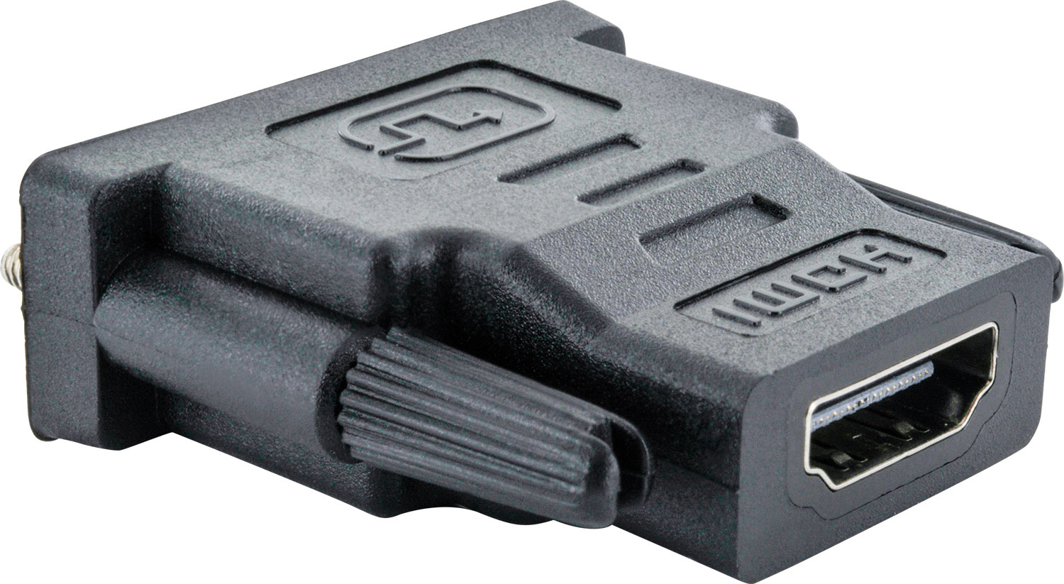 Ein schwarzer HDMI-zu-DVI-Adapter mit Anschlüssen auf weißem Hintergrund.