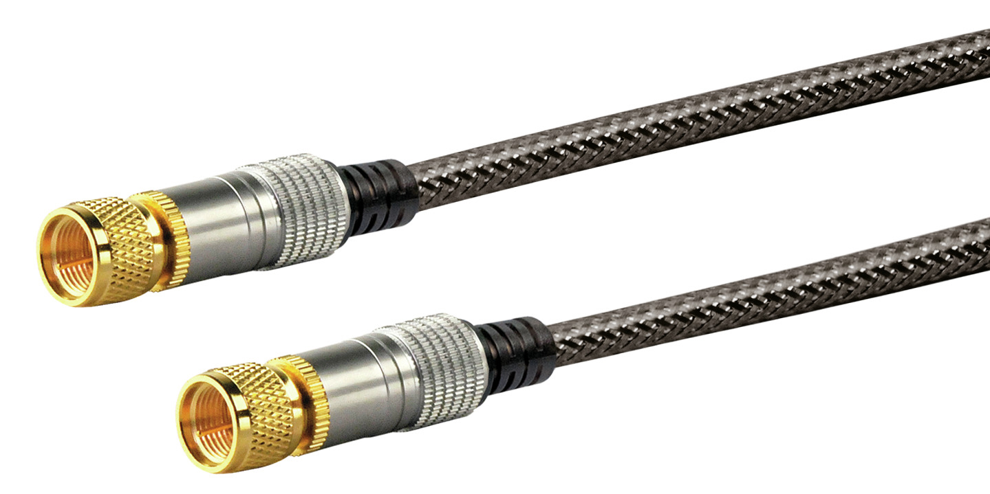 Kabel mit zwei goldfarbenen Steckern und einem dunkelgrauen Kabel, auf weißem Hintergrund.