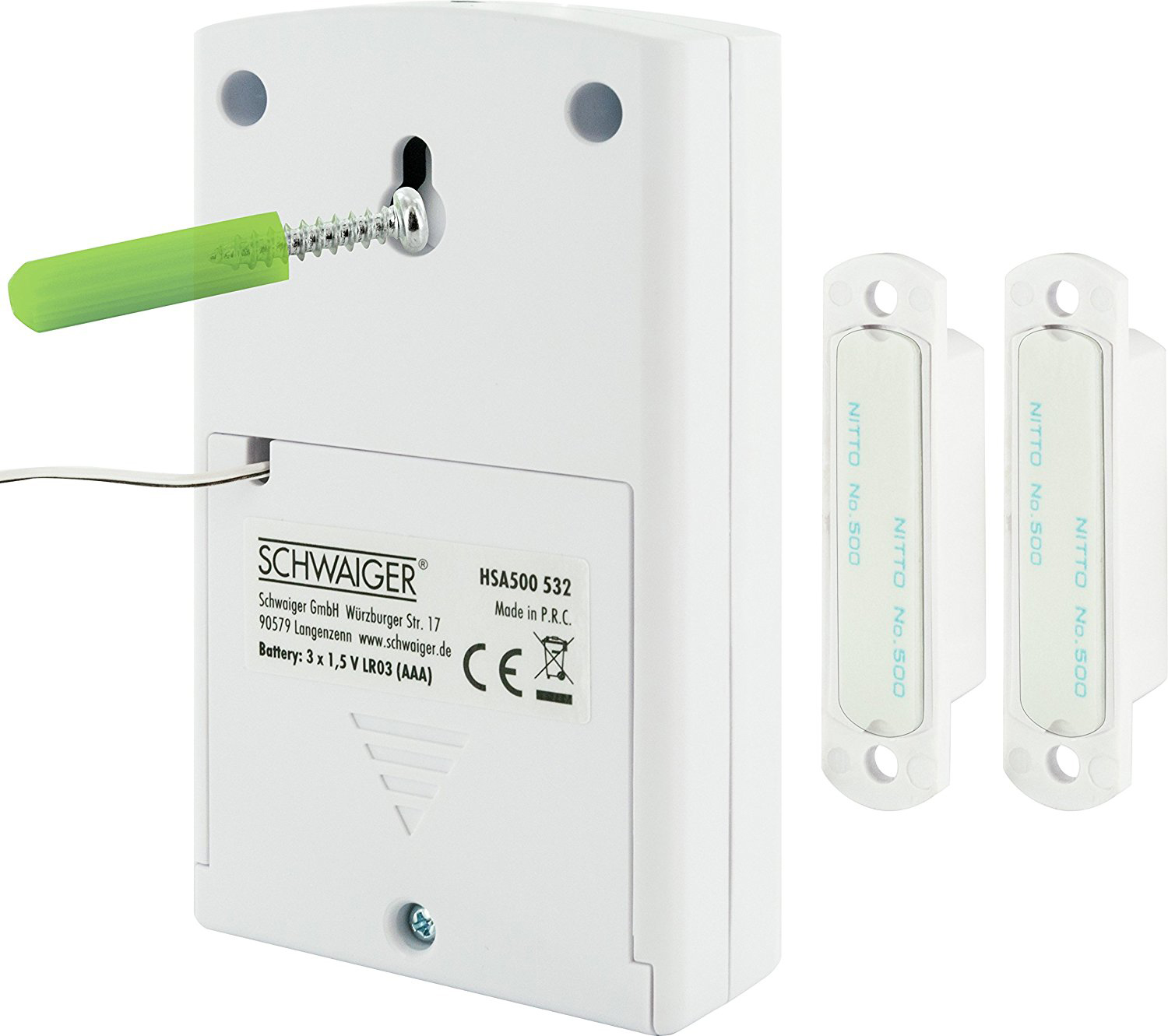 Weißer drahtloser Türsensor mit Schrauben. Zwei kleine weiße Sensoren befinden sich rechts. Weißer Hintergrund.