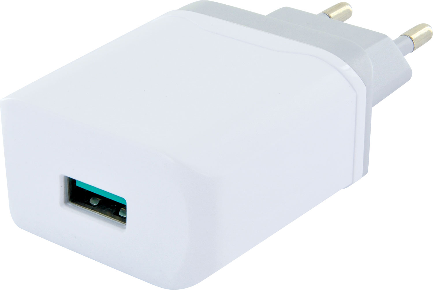 Weißes Ladegerät mit USB-Anschluss und grauem Stecker.