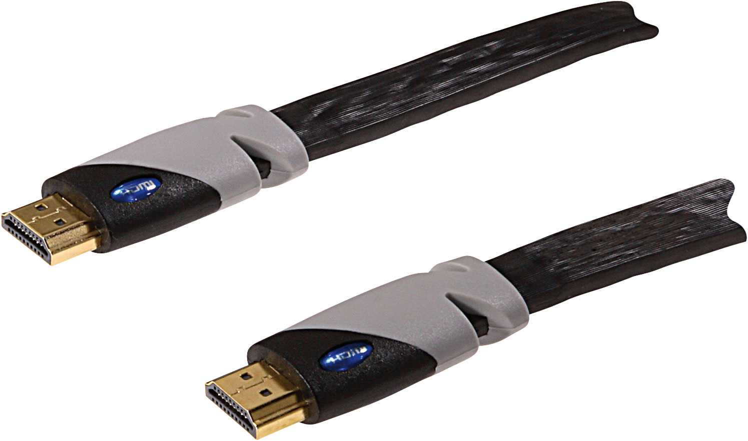 Zwei HDMI-Kabel mit grauen und schwarzen Steckern.