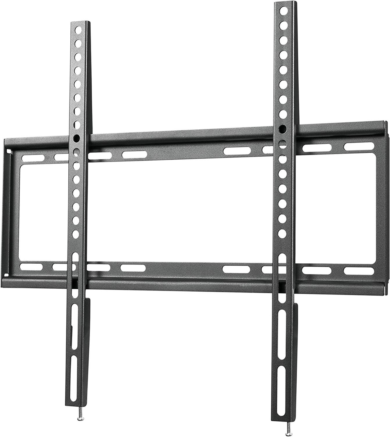 Schwarze TV-Wandhalterung aus Metall mit Befestigungslöchern.