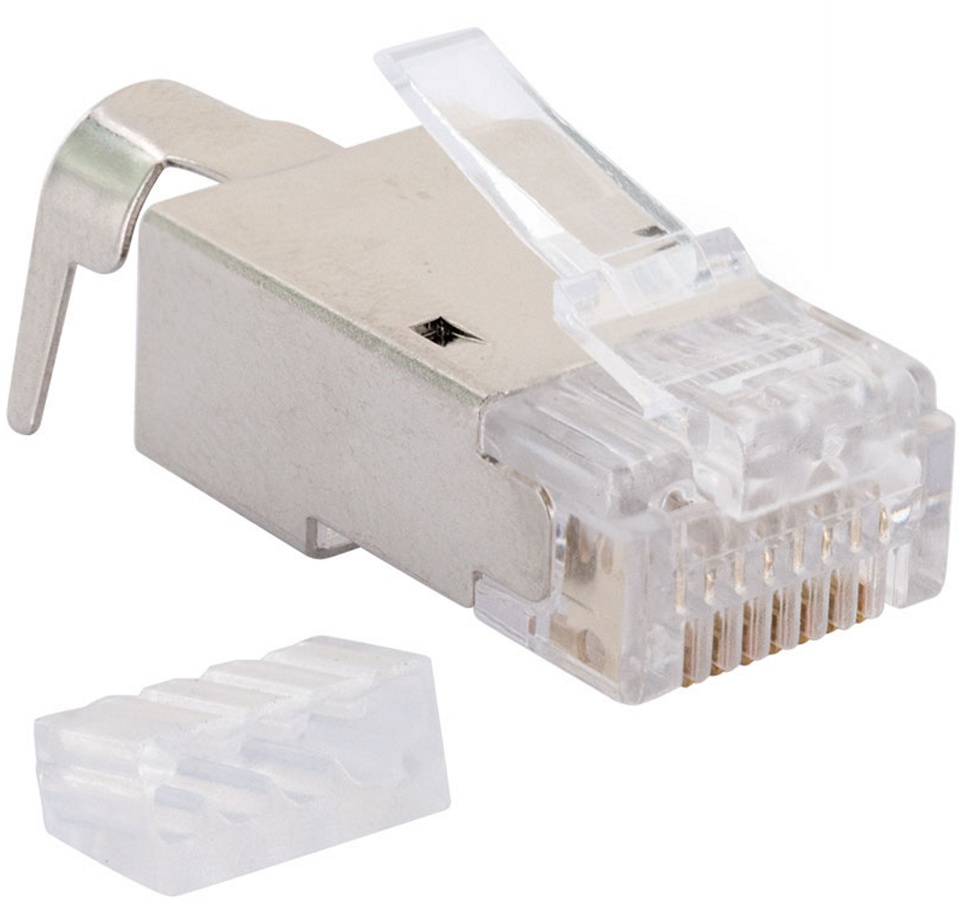 Nahaufnahme eines silbernen RJ45-Steckers mit klarer Kunststoffabdeckung und separatem Kunststoffteil.