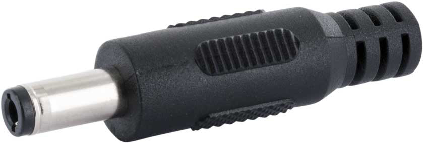 Schwarzer Netzadapter mit silberner Spitze.