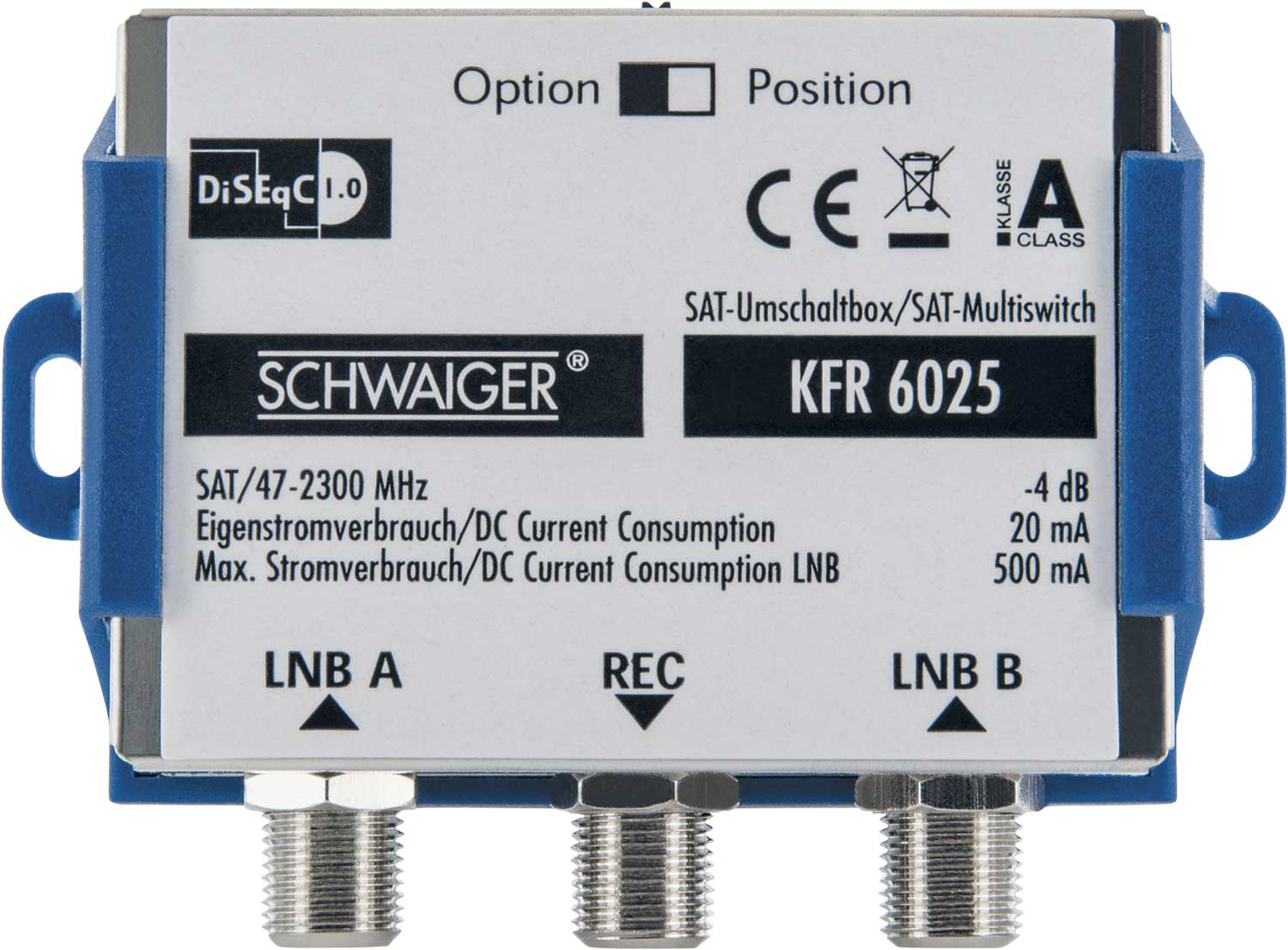 Eine blaue Satelliten-Multiswitch-Box mit Text und Anschlussports.