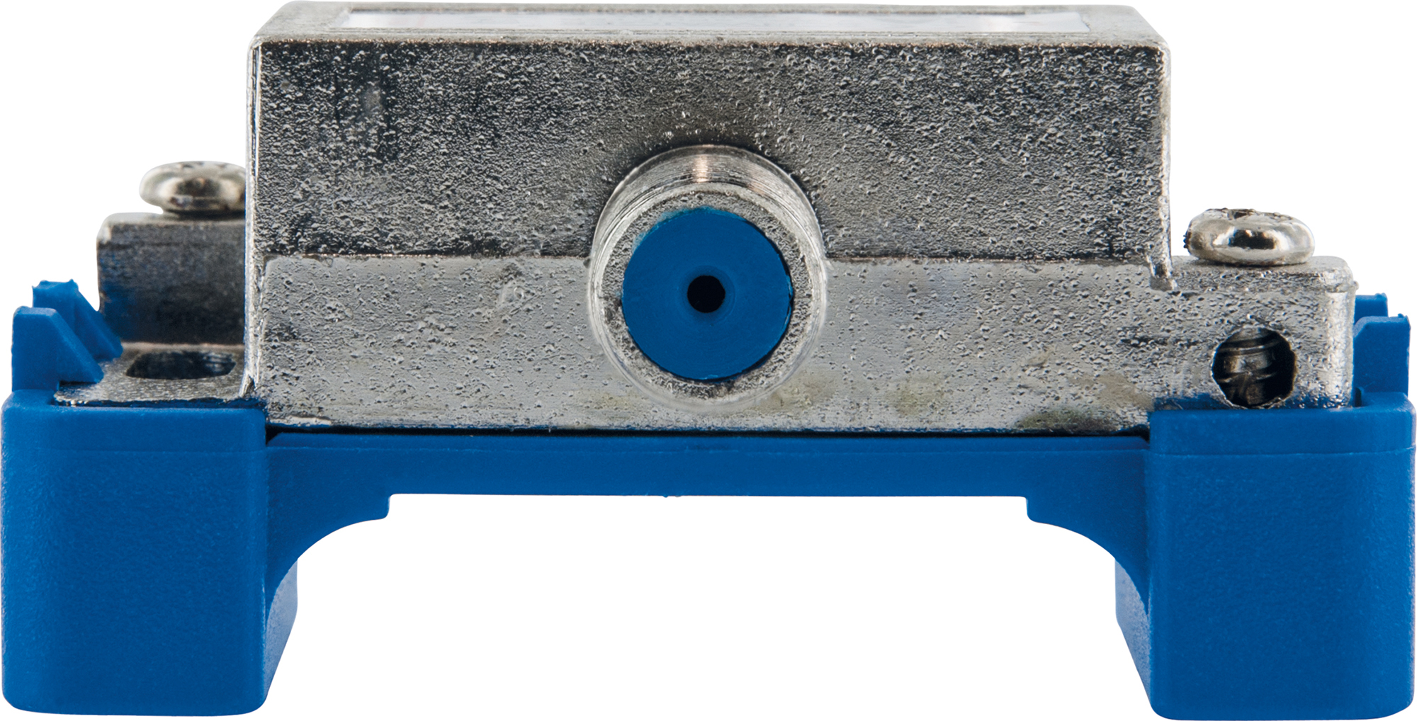 Metallisch silberner Koaxialkabelanschluss mit blauem Sockel und Mitte.