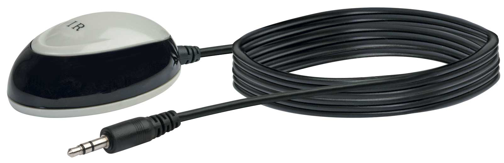 Schwarz-grauer IR-Sensor mit Kabel und Stecker, isoliert auf Weiß.