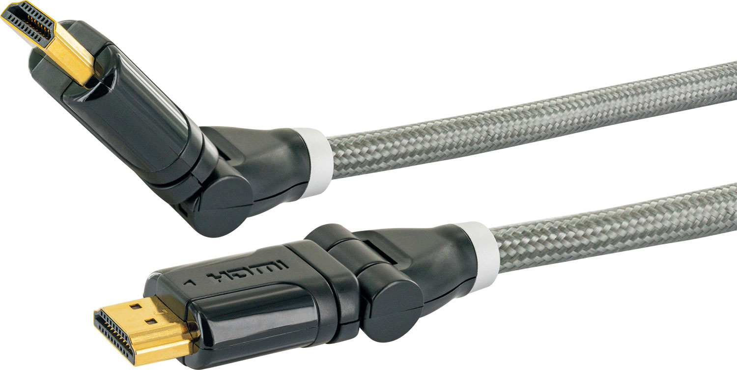 HDMI-Kabel mit vergoldeten Anschlüssen. Graues Kabel mit geflochtener Textur und schwarzen Kunststoffteilen.