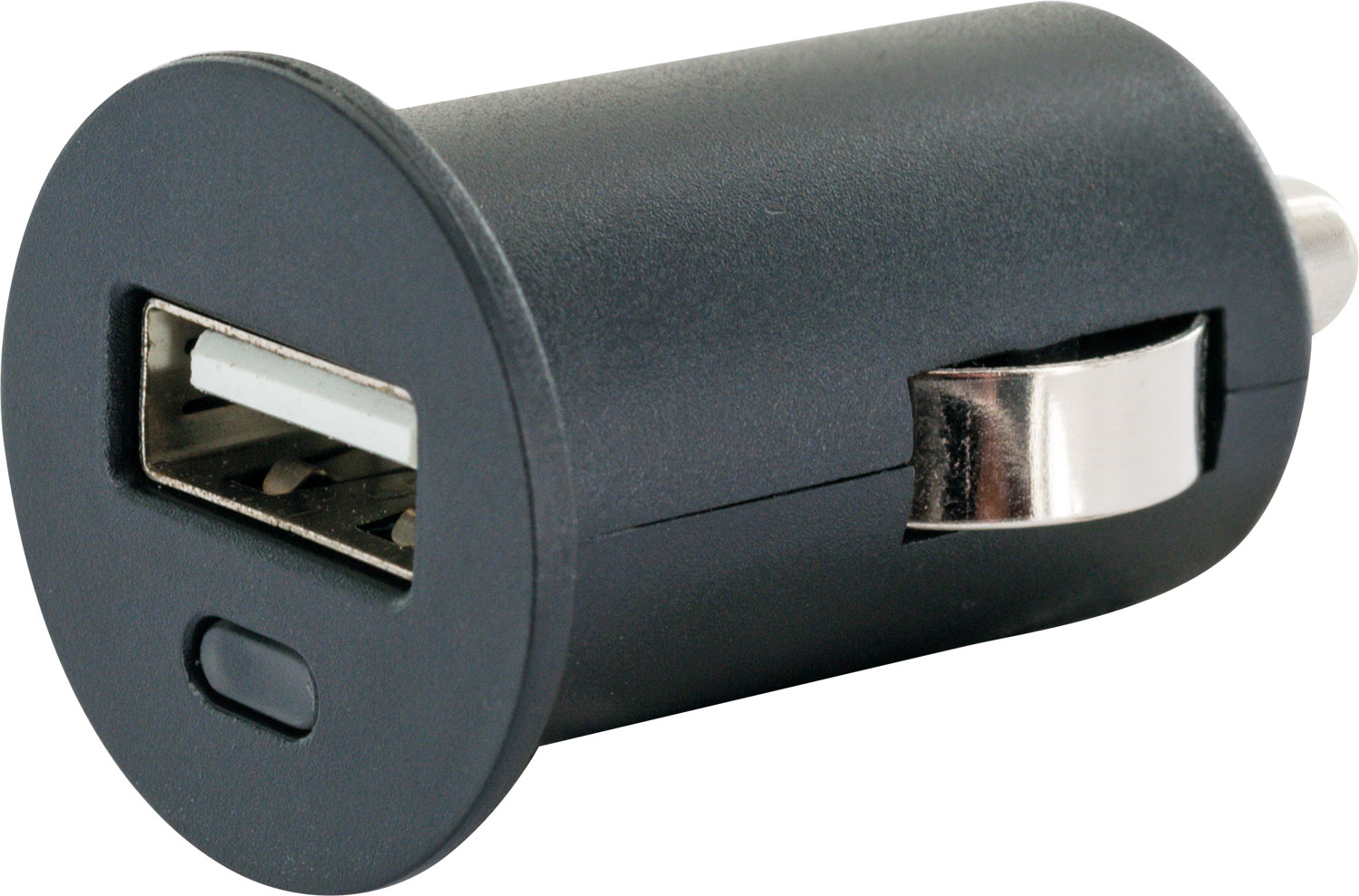 Ein schwarzes USB-Autoladegerät mit USB-Anschluss und Taste.