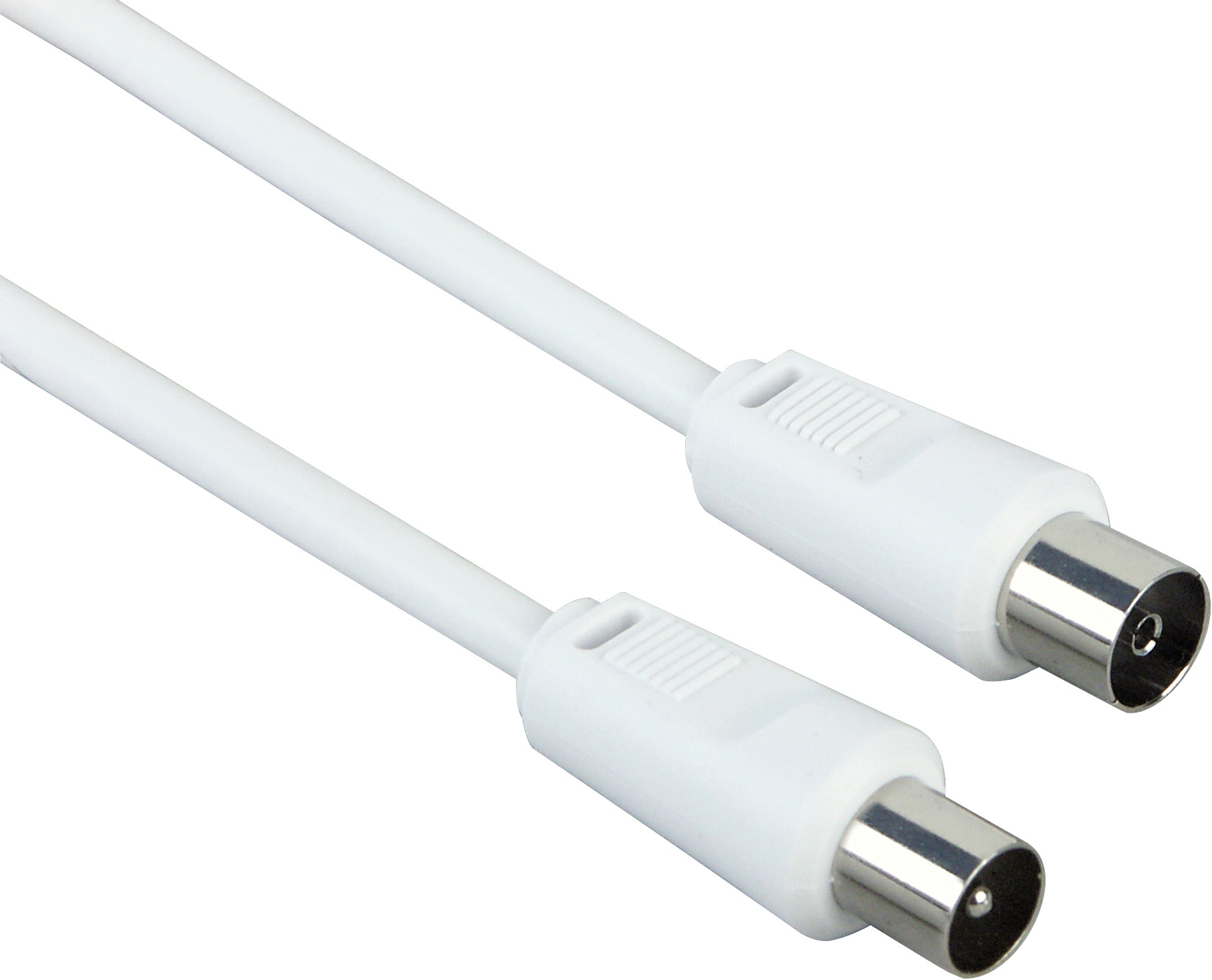 Ein weißes Koaxialkabel mit zwei weißen Steckern an jedem Ende.