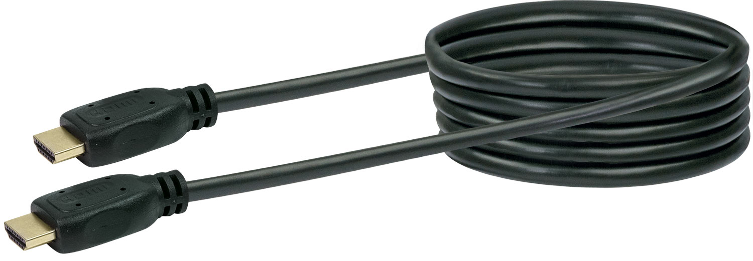 Schwarzes HDMI-Kabel mit zwei Steckern, aufgerollt. Der Hintergrund ist weiß. Es ist ein Datenkabel.