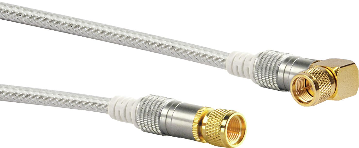 Zwei silberne und weiße Koaxialkabel mit goldfarbenen Steckern, eines abgewinkelt.