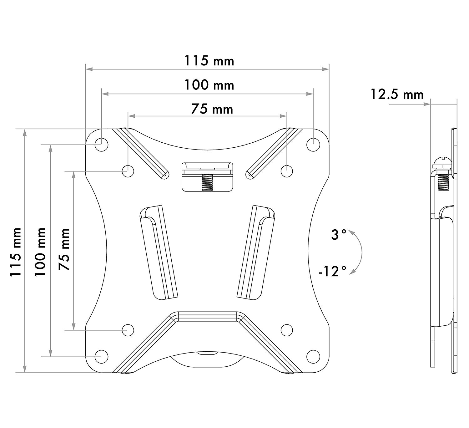 Technische Zeichnung einer quadratischen Metallkomponente mit angegebenen Abmessungen und Winkeln.