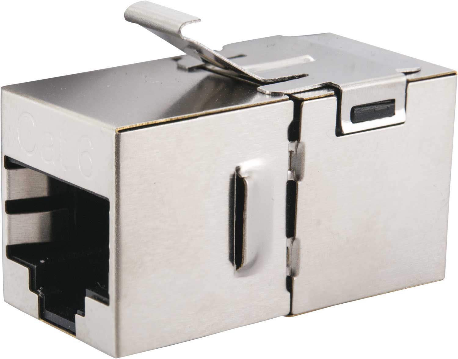 Ein metallischer RJ45-Stecker mit silbernem Gehäuse und Clip. Der Text „Cat 6“ ist sichtbar.