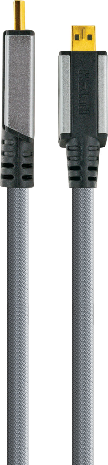 Graues und schwarzes HDMI-Kabel mit Anschlüssen an beiden Enden, auf weißem Hintergrund.