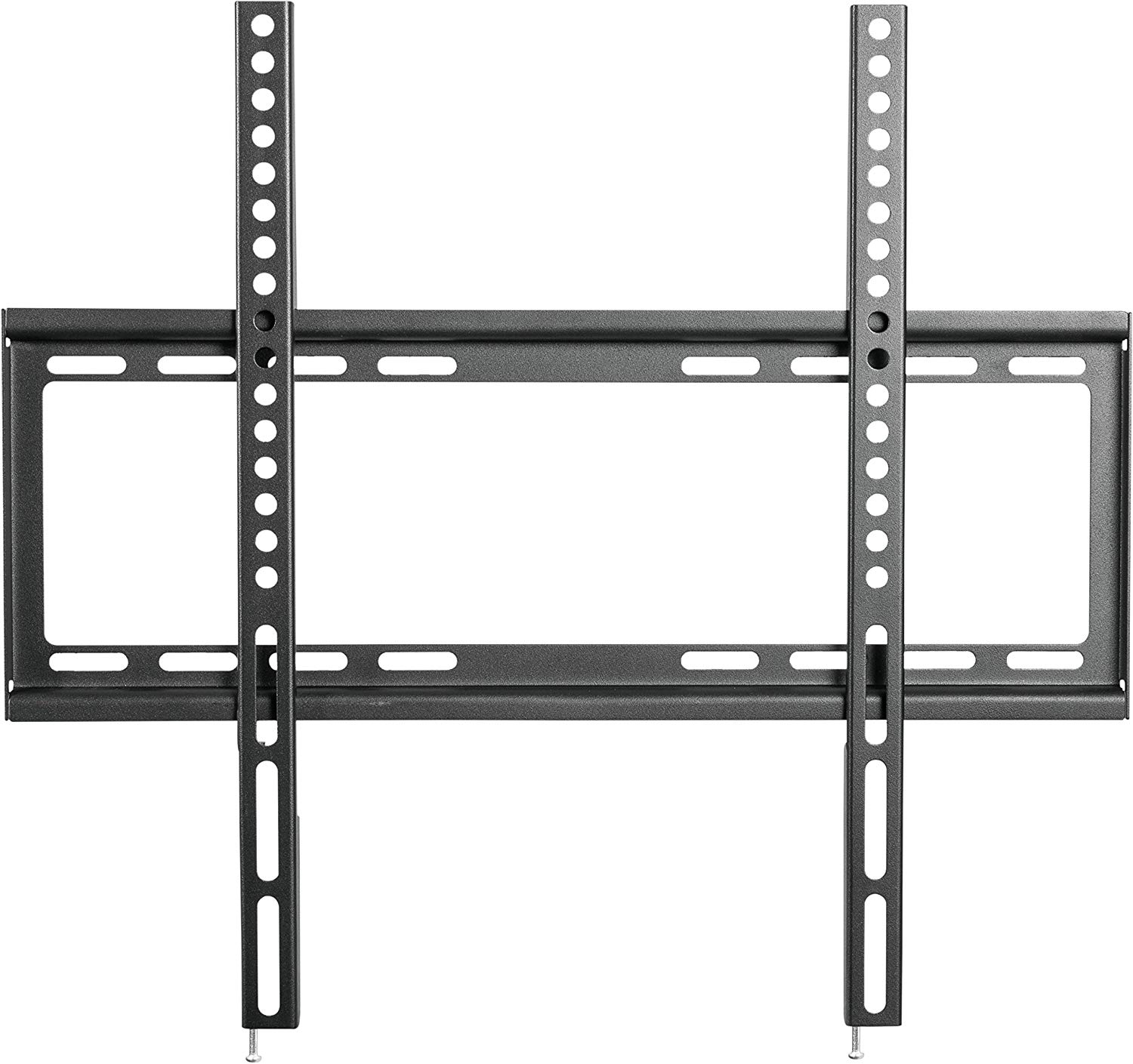 Eine schwarze, rechteckige TV-Wandhalterung mit Schlitzen und Löchern zur Wandmontage.