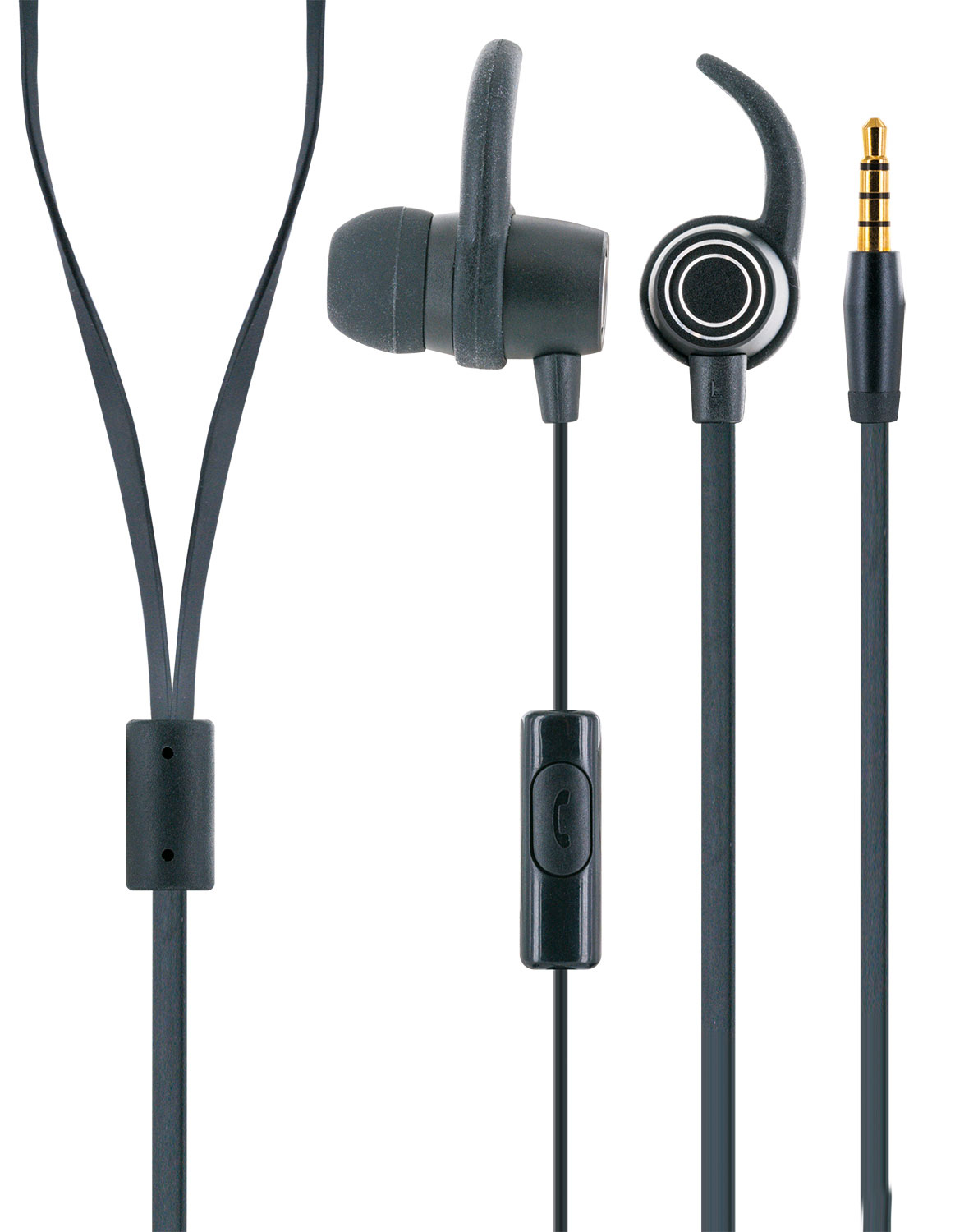 Auricolari neri con ganci per le orecchie, un telecomando e un jack dorato. Lo sfondo è bianco.