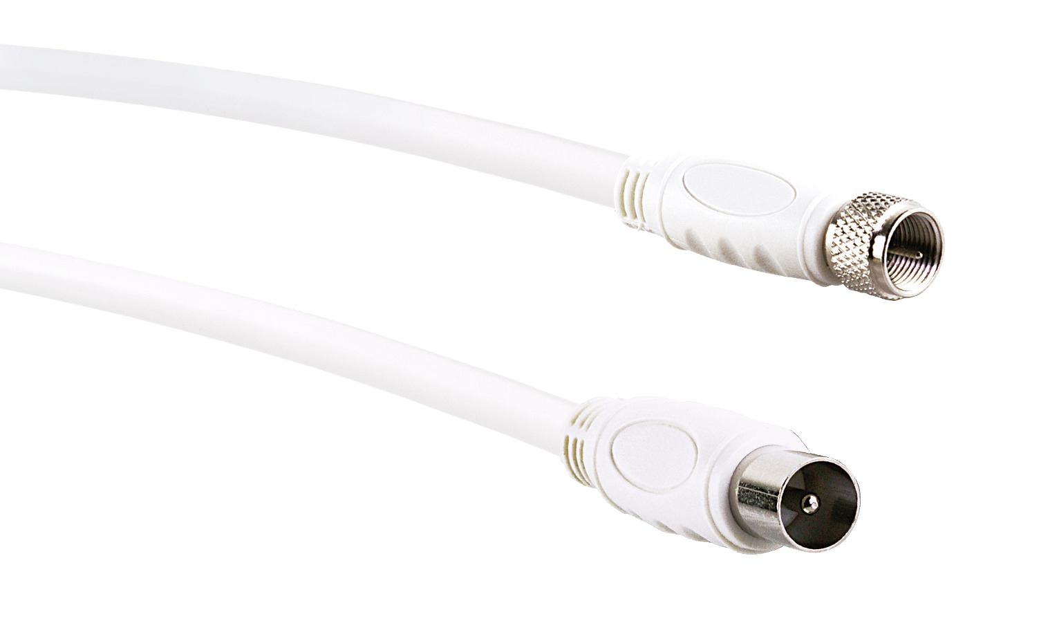 Weißes Koaxialkabel mit zwei Steckern. Weißer Hintergrund. Die Stecker sind silberfarben.