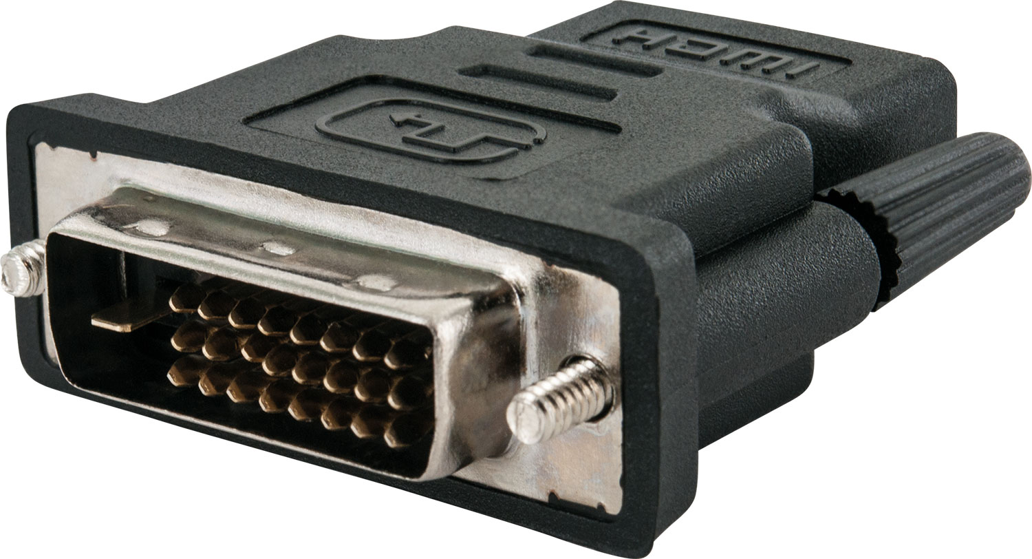 Schwarzer HDMI-zu-DVI-Adapter mit silbernem Teil auf weißem Hintergrund.