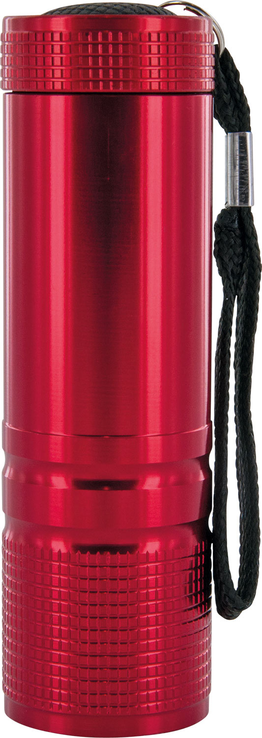 Czerwona latarka z czarną smyczą. Latarka jest cylindryczna z teksturowanymi uchwytami.