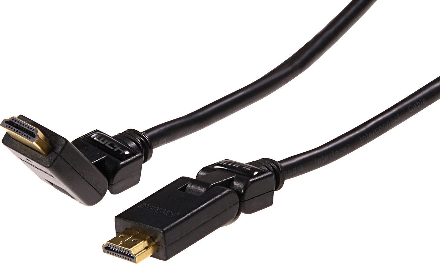 Schwarzes HDMI-Kabel mit abgewinkelten und geraden Steckern.