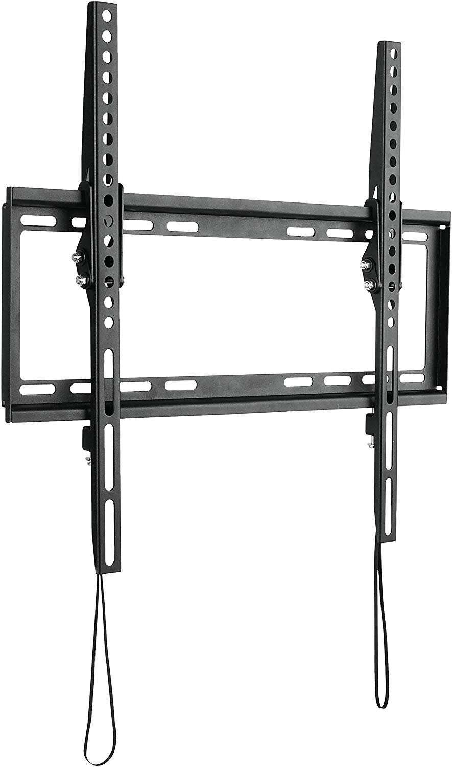 Schwarze TV-Wandhalterung mit vertikalen Halterungen und Aufhängeriemen. Weißer Hintergrund.