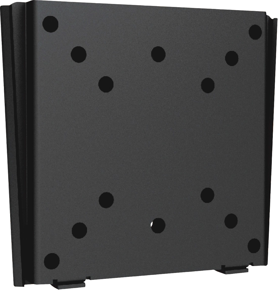 Eine schwarze TV-Wandhalterung aus Metall mit mehreren Befestigungslöchern, von vorne gesehen.