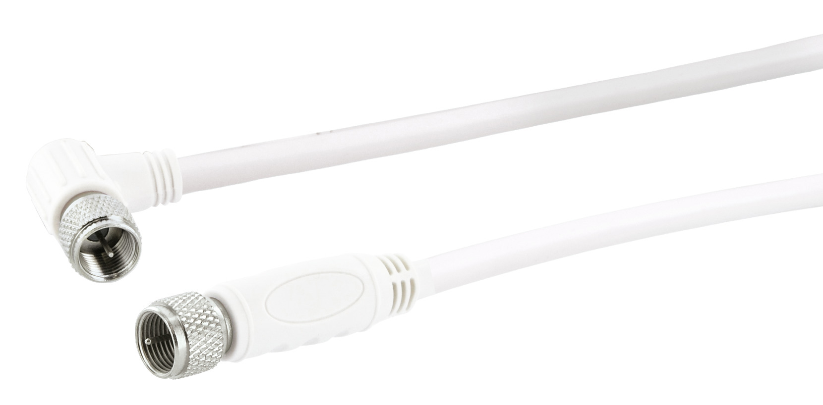 Ein weißes Kabel mit Anschlüssen an beiden Enden, eines im rechten Winkel.