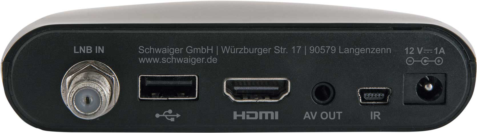 Ein schwarzer Medienempfänger mit Anschlüssen LNB IN, USB, HDMI, AV OUT, IR und Stromeingang.