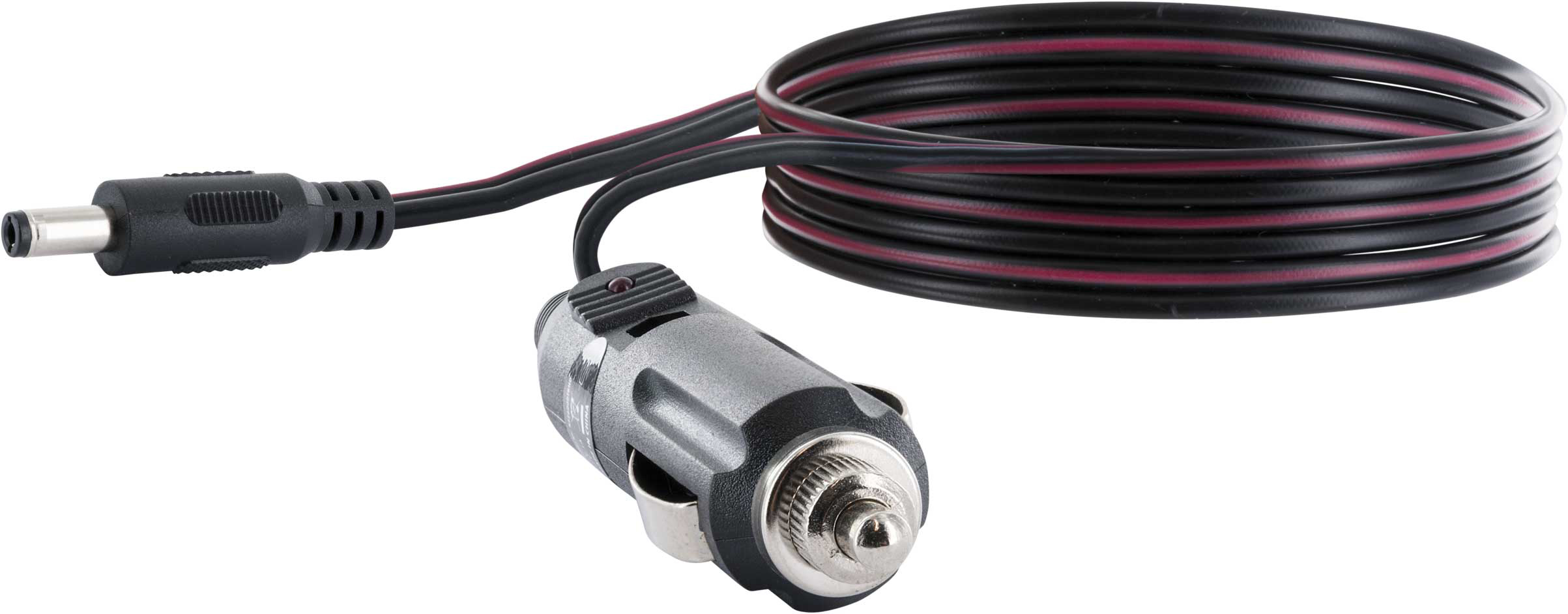 Ein schwarzes und graues Autostromkabel mit rotem Streifen.