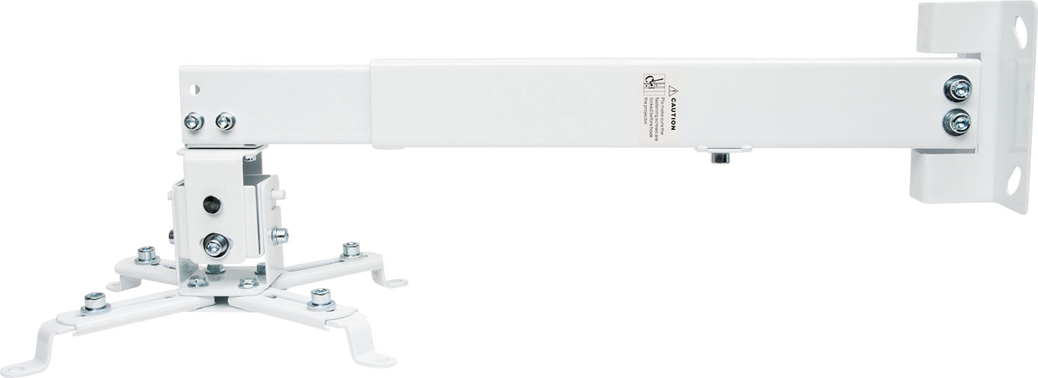Biały uchwyt do projektora z różnymi regulowanymi częściami i śrubami. Przeznaczony do montażu na ścianie.