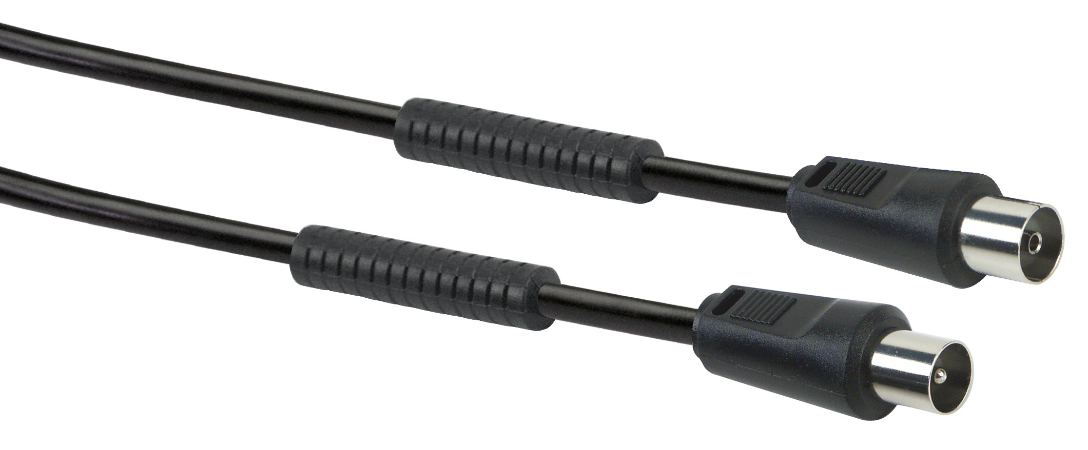 Schwarzes Koaxialkabel mit Anschlüssen an jedem Ende.