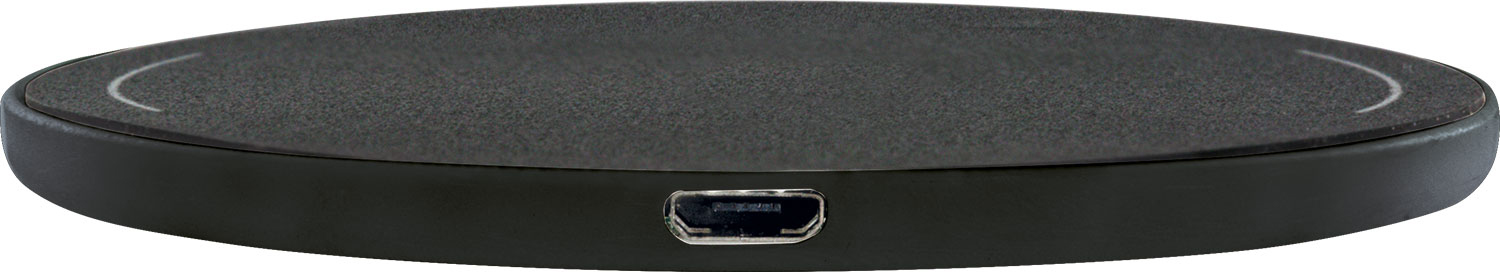 Schwarzes kreisförmiges Ladepad mit zwei weißen Bögen und einem USB-Anschluss.