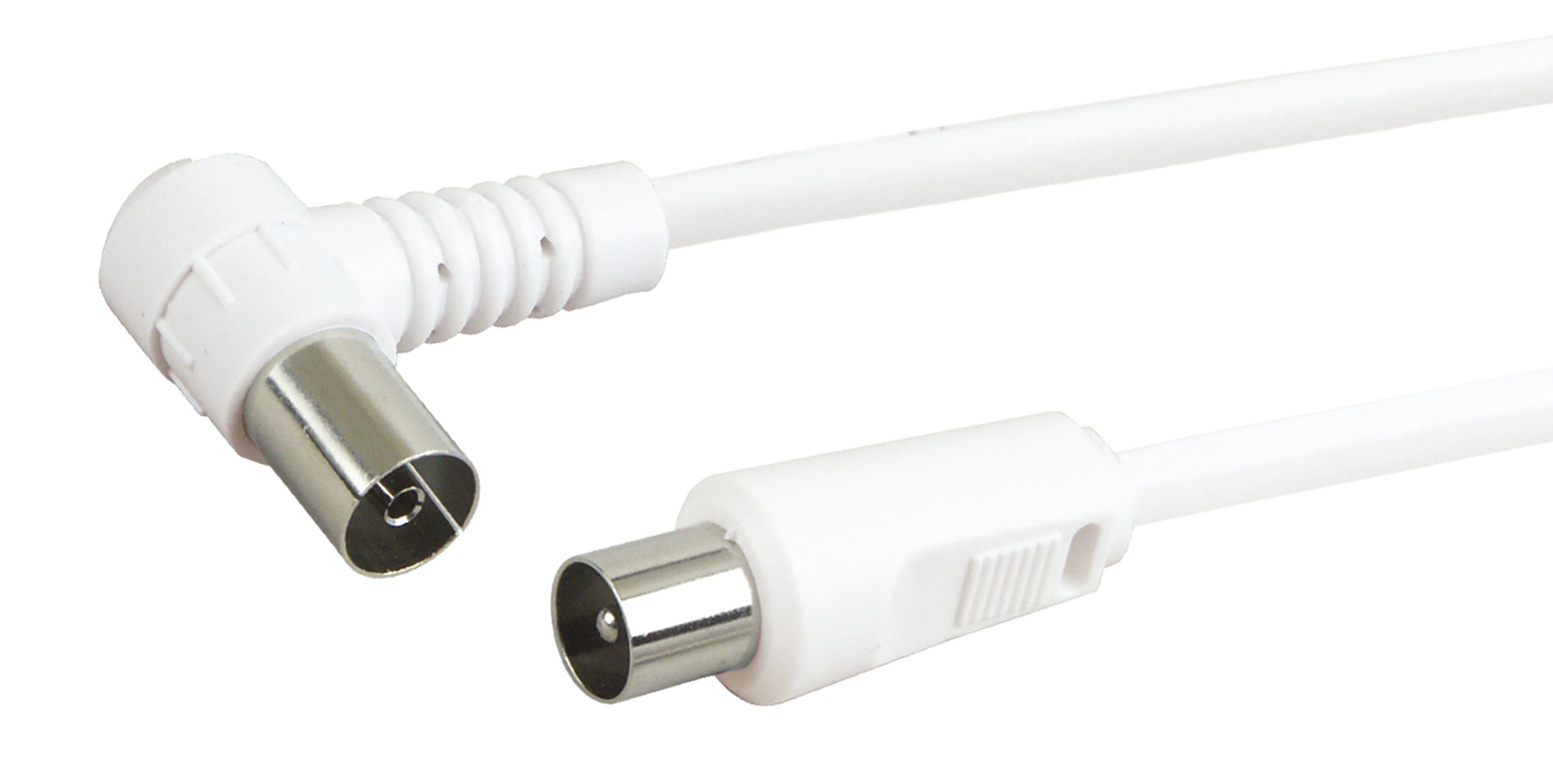 Cable de antena de TV blanco con conectores, uno en ángulo y otro recto.