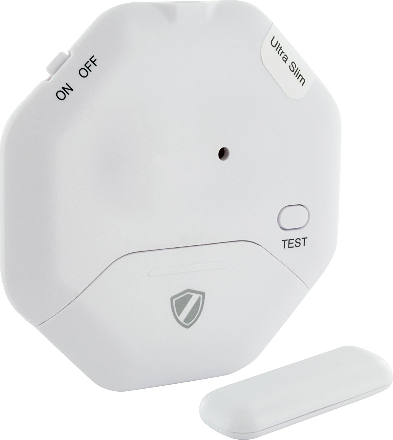 Ein weißes, sechseckiges Smart-Gerät mit Ein/Aus-Schalter, Testtaste und Fernbedienung.