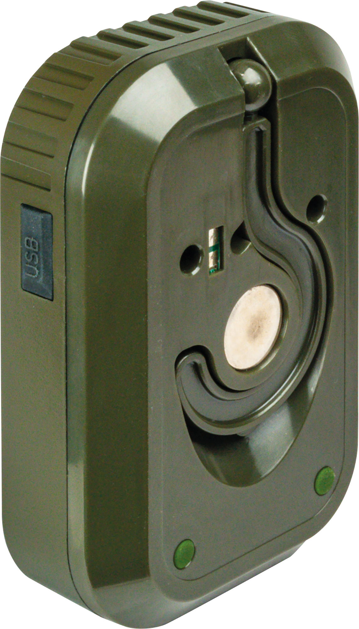Ein grünes Gerät mit USB-Anschluss und magnetischer Oberfläche.
