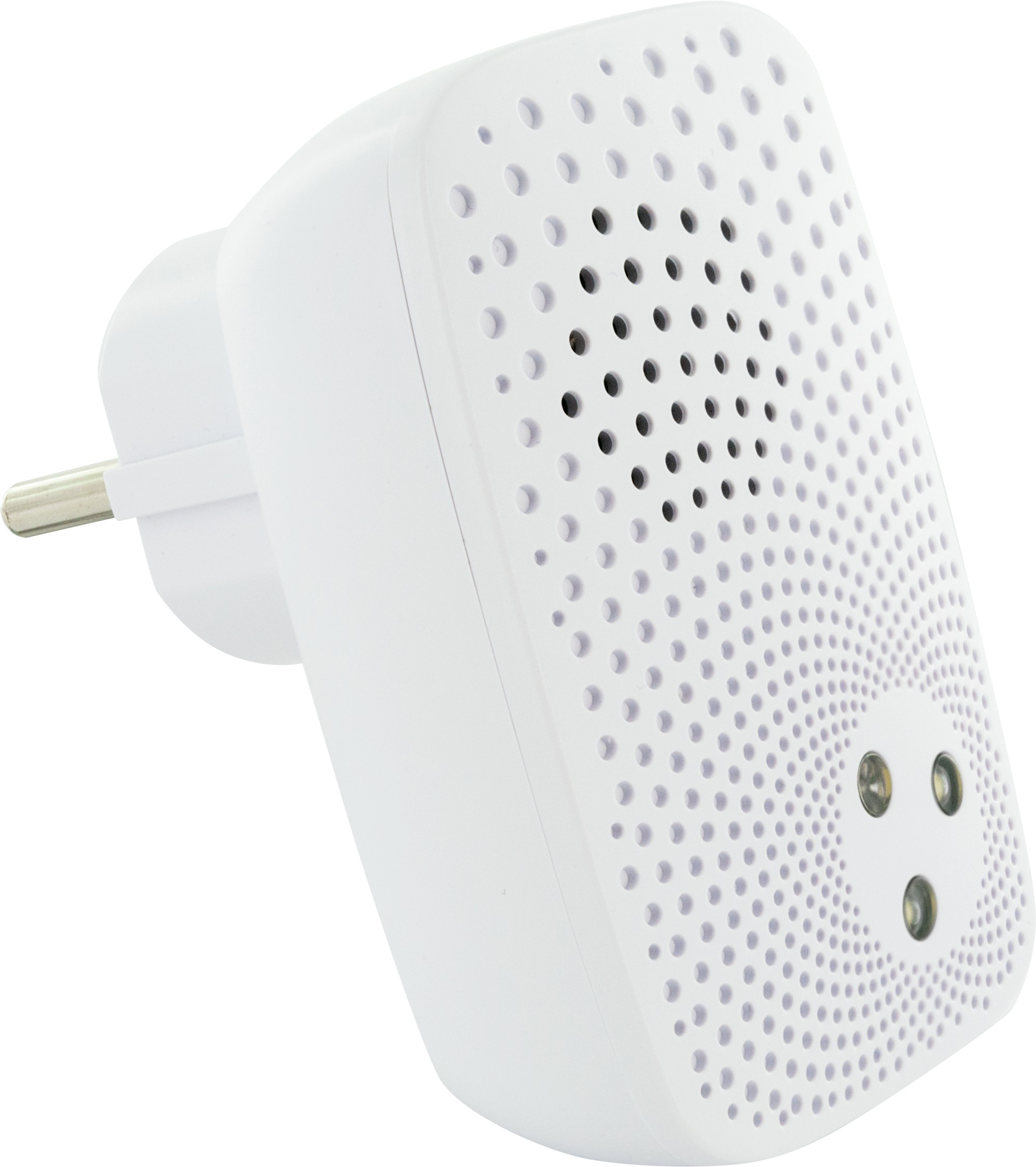 Weißer Steckeradapter mit mehreren Löchern. Weißer Hintergrund.