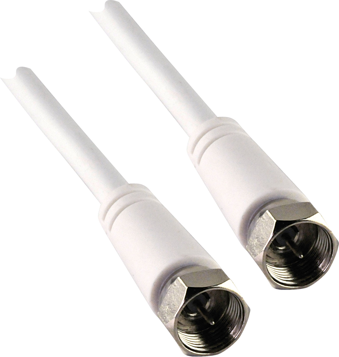 Zwei weiße Koaxialkabel mit silbernen Steckern, schräge Ansicht, isoliert auf Weiß.