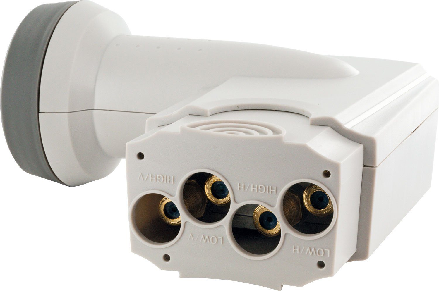 Weißer Satellitenempfänger LNB mit mehreren Anschlüssen. Graue Oberseite, weißer Körper.
