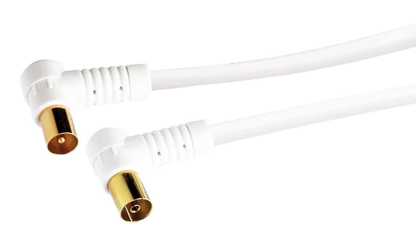 Weißes Kabel mit goldfarbenen Steckern, an den Enden abgewinkelt.